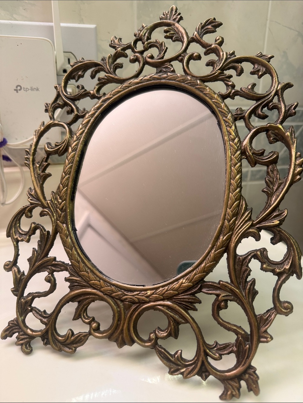 Ornate Bronze-Tone Decorative Oval Table Mirror - Vintage Style Home Wall Decor